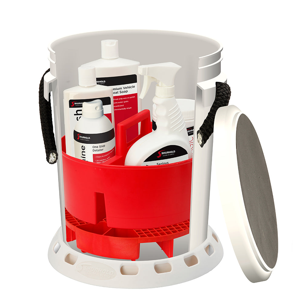 Shurhold 5 Gallon White Bucket Kit - Includes Bucket, Caddy, Grate Seat, Buff Magic, Pro Polish Brite Wash, SMC & Serious