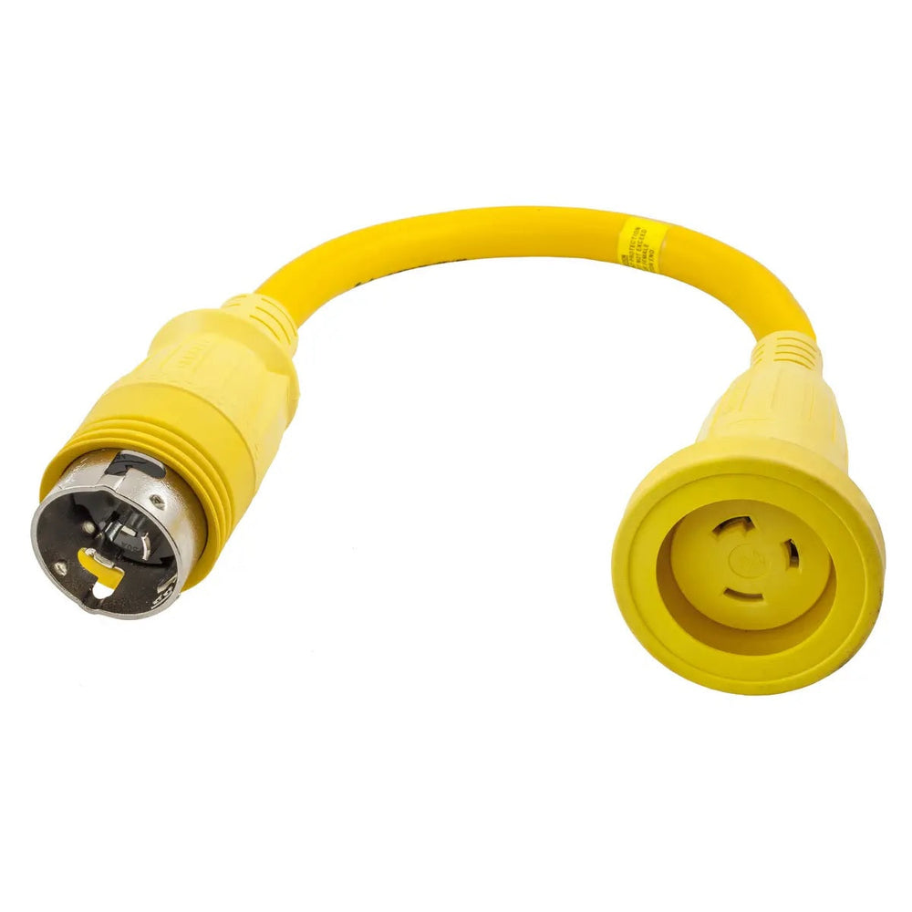 Hubbell Adapter, Marine, Molded, Straight Blade, Yellow, 30A 125V, 2-Pole 3-Wire Grounding Female to 50A 125/250V,