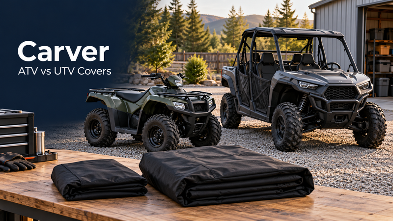 ATV beside a taller side-by-side UTV with folded black covers in front and Carver ATV vs UTV Covers text.