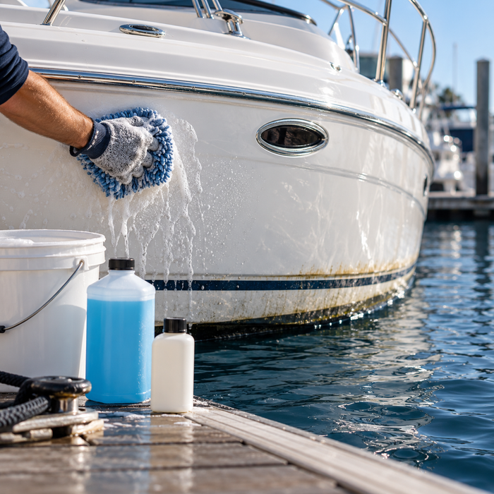 Wash mitt cleaning a white boat hull beside a bucket and cleaner bottles at a marina