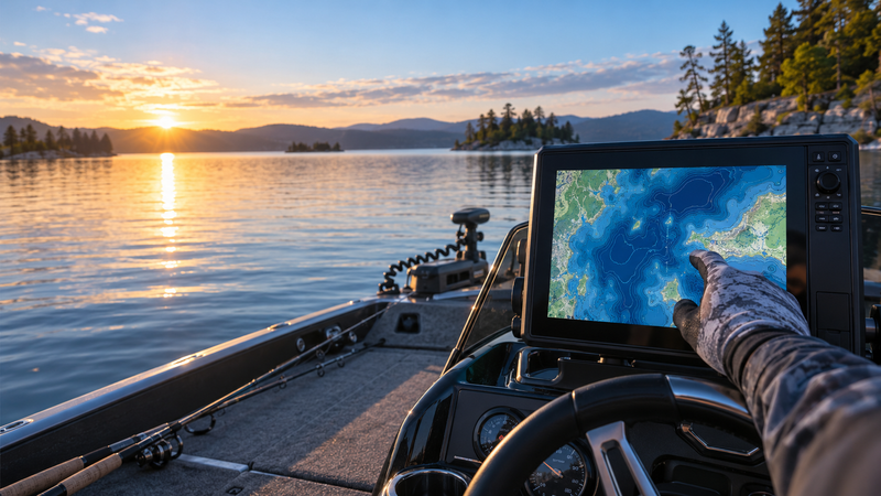 Angler checking regional lake coverage on a freshwater chartplotter
