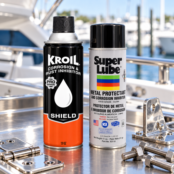 Kroil Shield and Super Lube corrosion inhibitors beside marine hardware on a boat maintenance bench.