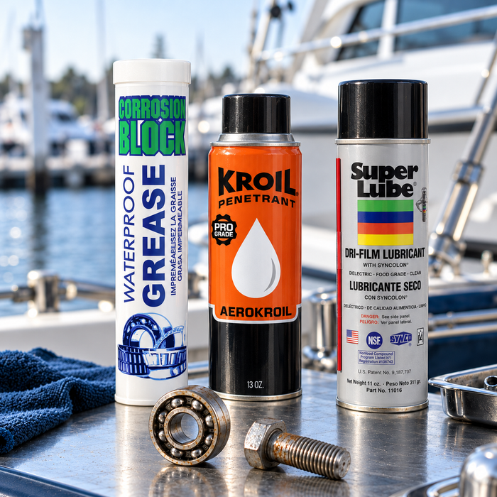 Corrosion Block waterproof grease, Kroil penetrating oil and Super Lube lubricant on a marine maintenance bench.