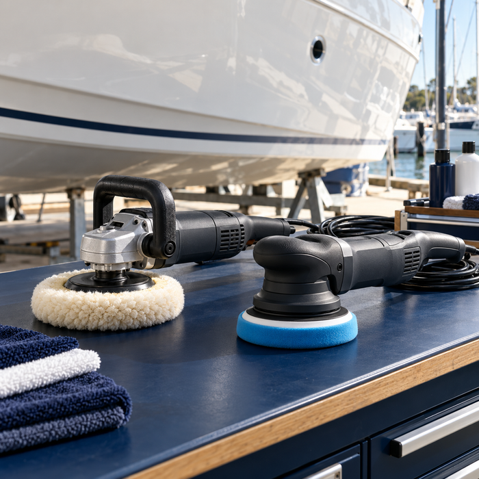 Rotary and dual action boat polishers with wool and foam pads on a workshop bench beside a boat hull.