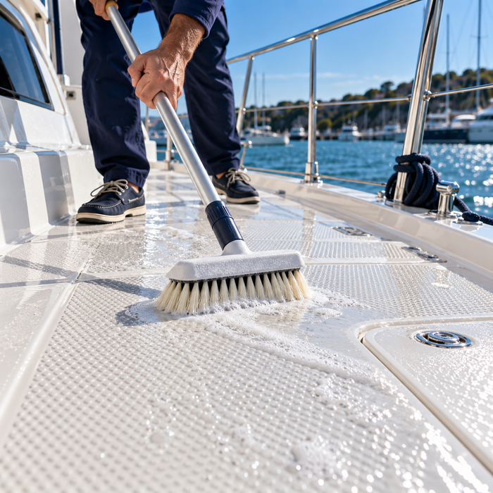 Boat owner using a deck brush to clean a white textured non-skid deck with soapy water
