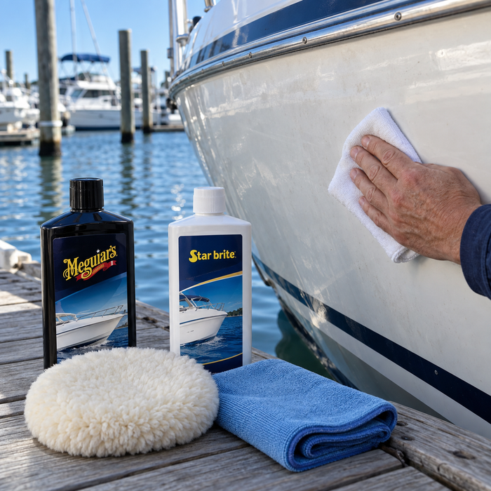 A boat hull being inspected with a cloth beside marine finish-care bottles, a buffing pad and microfiber towels.