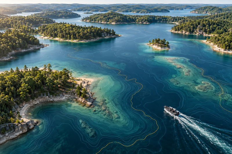 Freshwater lake regions with contour mapping and a fishing boat