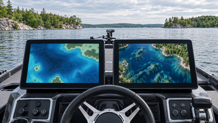 Standard contour mapping and Premium shaded relief on boat displays