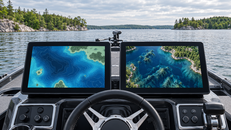 Standard contour mapping and Premium shaded relief on boat displays