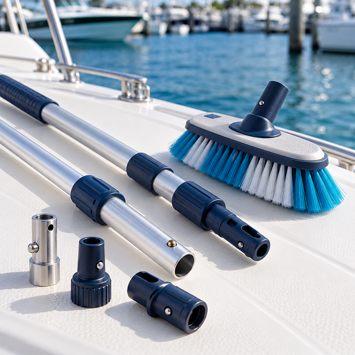 Boat cleaning handles, connection adapters and a detachable brush head on a yacht deck