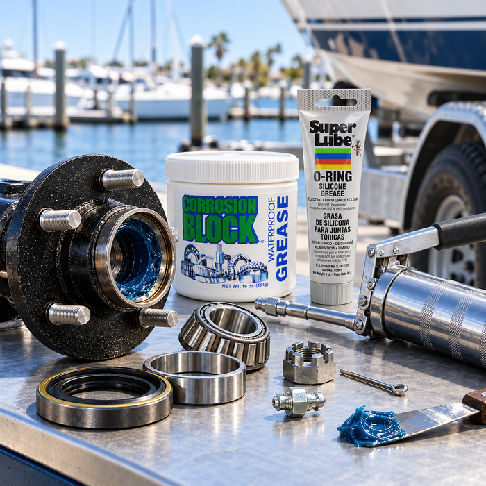 Corrosion Block grease and Super Lube O-Ring silicone grease beside trailer bearings, seals and a grease gun.