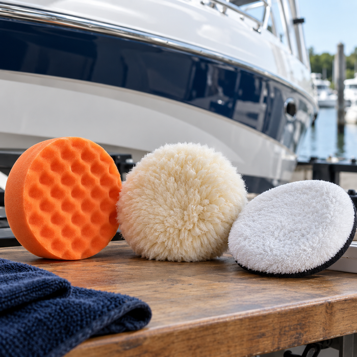 Orange foam, cream wool and white microfiber boat polishing pads on a workbench beside a boat.
