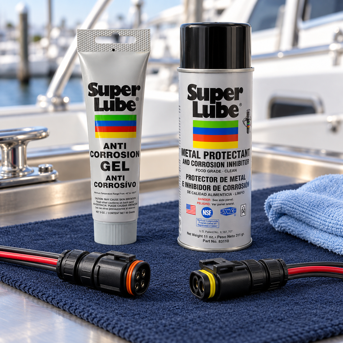 Super Lube connector gel and corrosion inhibitor beside disconnected marine electrical connectors.