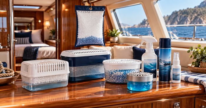 Boat cabin moisture absorbers, desiccant containers and marine odor control products displayed for humidity and odor management.