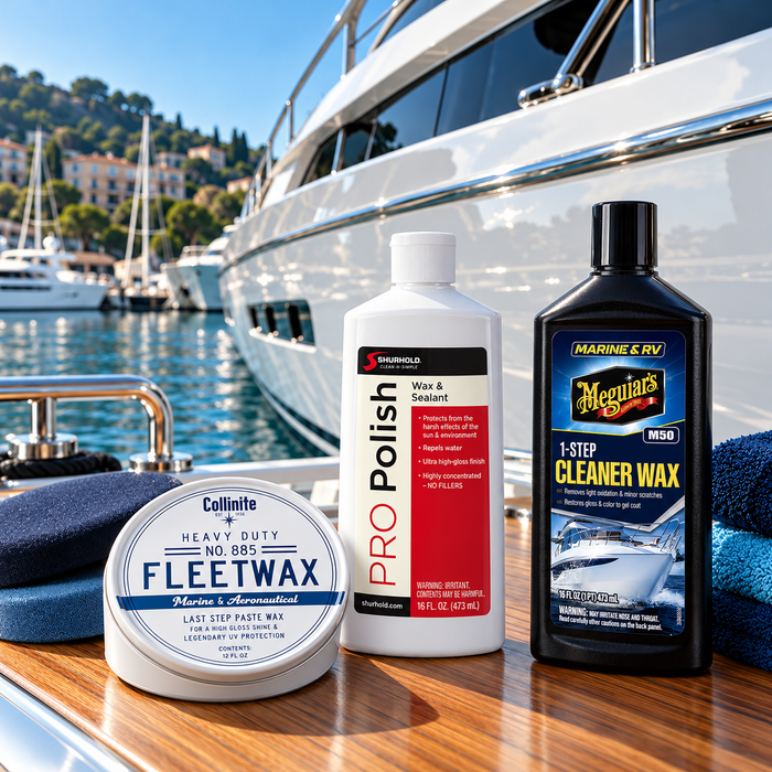 Collinite 885 Fleetwax, Shurhold PRO Polish and Meguiar’s M50 Cleaner Wax arranged on teak beside a glossy white yacht.