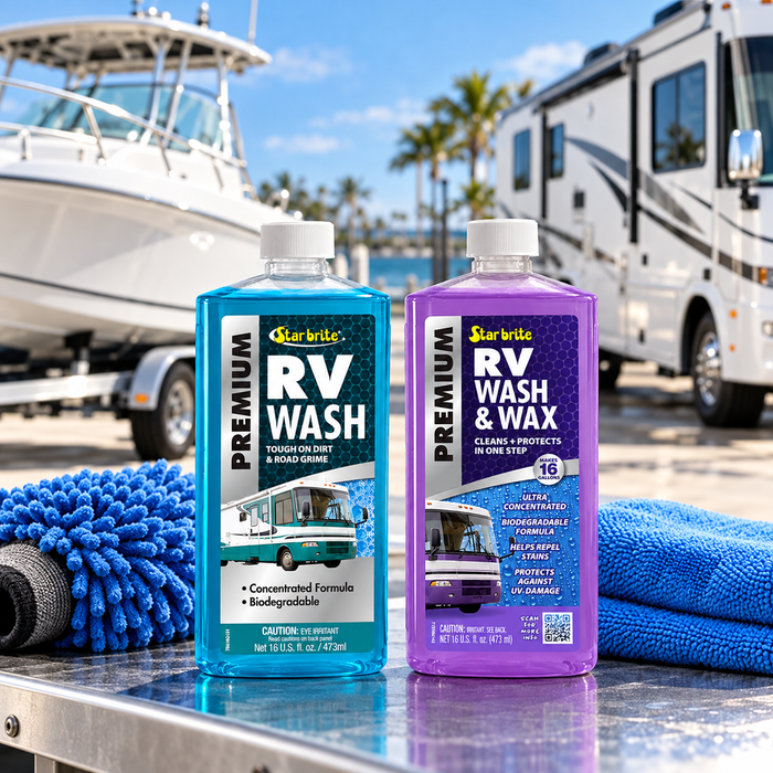Star brite Premium RV Wash and RV Wash & Wax bottles with microfiber tools in front of a boat and motorhome.