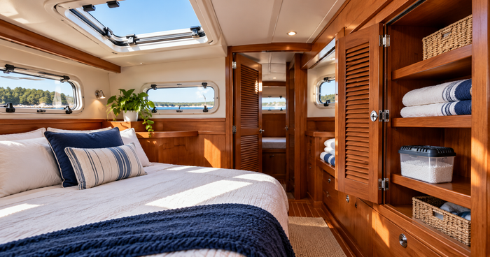 Clean and organized yacht cabin with dry bedding, wooden storage compartments and ventilation for moisture prevention during boat storage.