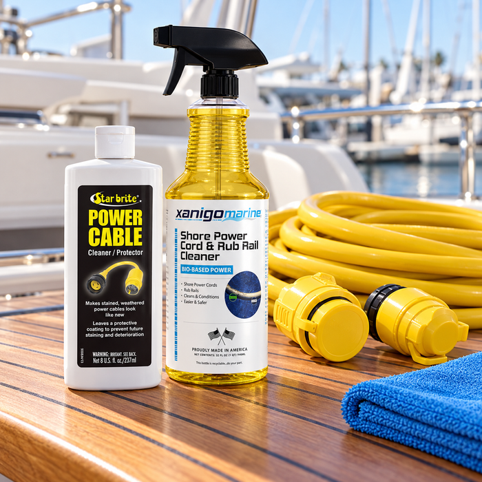 Star brite and Xanigo Marine cord cleaners beside a coiled shore power cable with covered plugs.