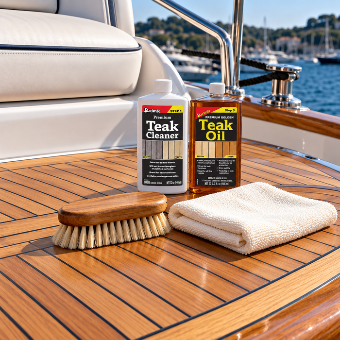 Star brite Premium Teak Cleaner and Golden Teak Oil beside a brush and towel on a teak boat surface.