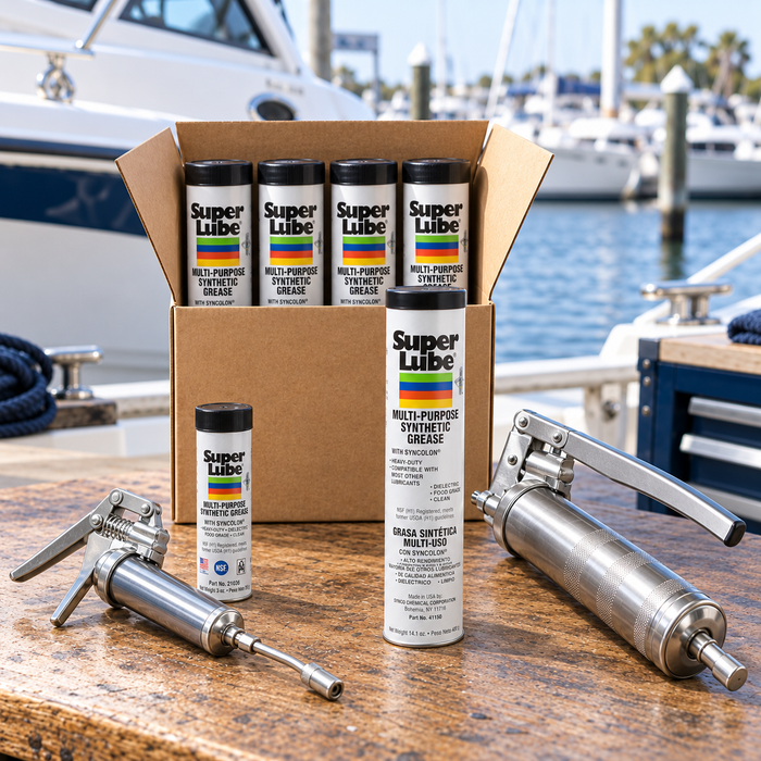 Super Lube grease cartridges in small and full-size formats beside grease guns and an open cartridge carton.