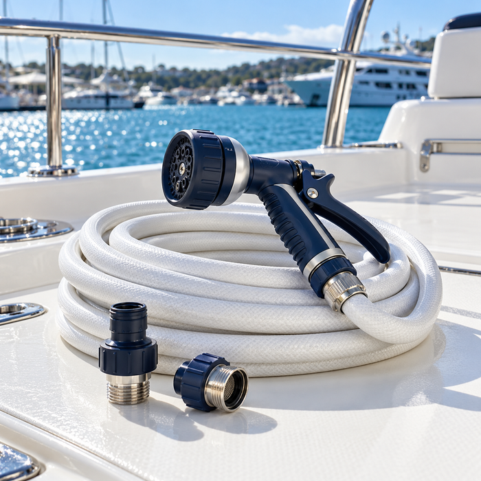 White boat washdown hose with an adjustable spray nozzle and fittings on a yacht deck