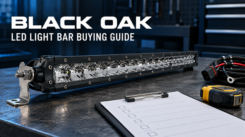 Black Oak single-row LED light bar beside a clipboard, measuring tape and wiring harness, with BLACK OAK buying guide text.