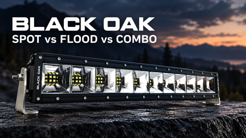 Black Oak single-row light bar with mounting brackets, a tape measure and hardware on a workshop bench, with mounting checks text.