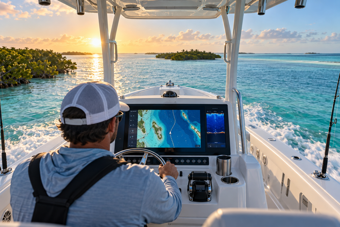 CoastMaster Premium Florida V2 chart displayed at a boat helm in Florida coastal waters
