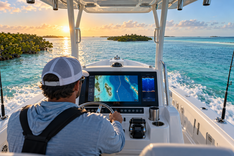 CoastMaster Premium Florida V2 chart displayed at a boat helm in Florida coastal waters