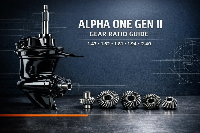 Alpha One Gen II gear ratio guide showing a replacement upper unit and 1.47, 1.62, 1.81, 1.94 and 2.40 ratio options