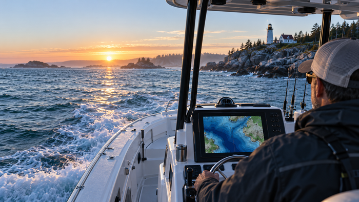 Boat using a Humminbird-style marine display with shaded coastal chart mapping in Northeast waters