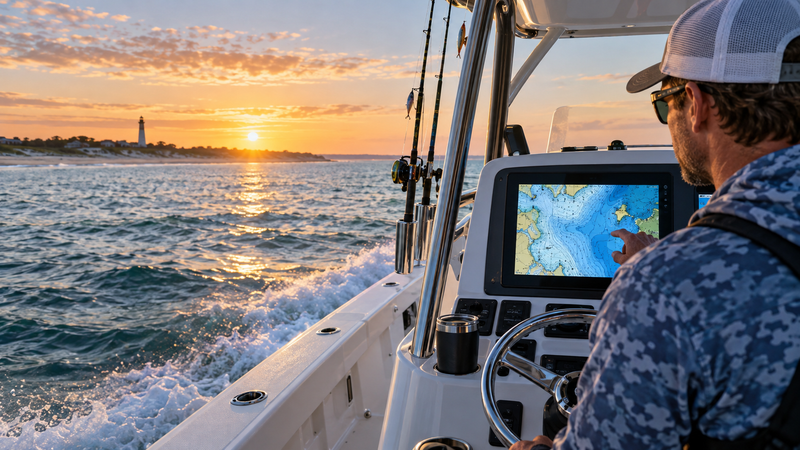 Angler reviewing a CoastMaster Standard U.S. coastal chart on a marine display at sunrise