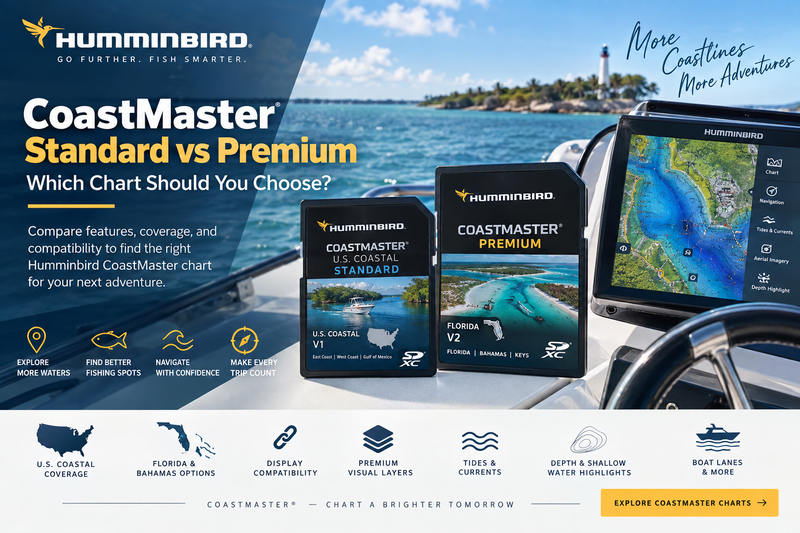 Humminbird CoastMaster Standard vs Premium chart comparison showing U.S. Coastal and Florida Premium map cards, coastal coverage, tides, currents, depth highlights and compatible Humminbird displays.