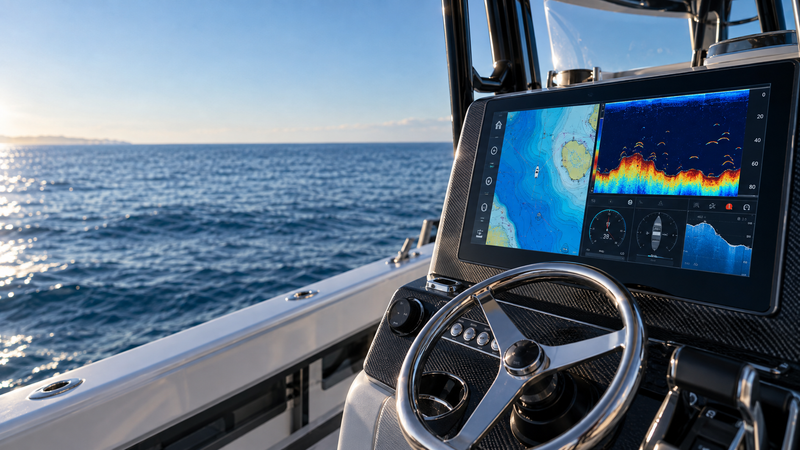 Modern fish finder display mounted at a center-console boat helm with sonar and navigation screen views