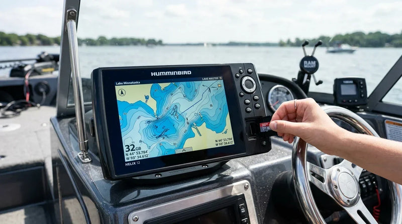 Humminbird chartplotter screen showing a lake depth contour map with a hand inserting a LakeMaster memory card