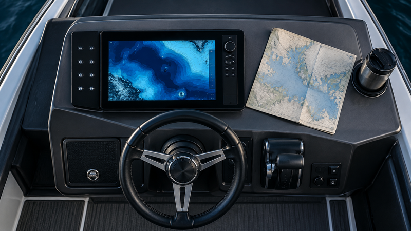 Modern boat helm with a marine fishfinder displaying freshwater lake contour mapping beside a folded lake map.