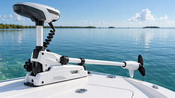 Minn Kota Riptide Edge saltwater bow-mount trolling motor installed on a fishing boat bow