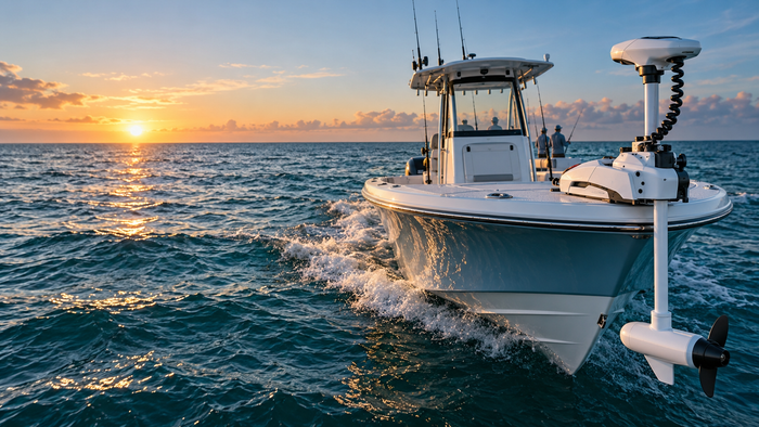 White Riptide Instinct QUEST-style saltwater bow-mount trolling motor on an offshore center-console boat at sunrise