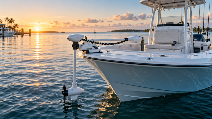 White bow-mounted saltwater trolling motor on a center-console boat at sunrise for the Riptide Terrova buying guide