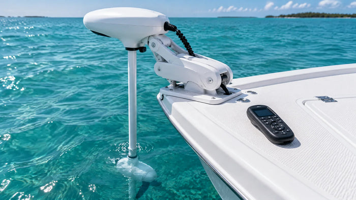 Minn Kota Riptide Ulterra saltwater bow mount trolling motor head and remote on a fishing boat bow