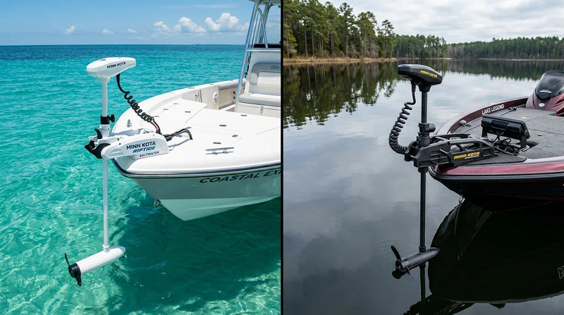 Side-by-side comparison of a white Minn Kota Riptide saltwater trolling motor on a coastal bay boat and a black freshwater trolling motor on a lake bass boat.