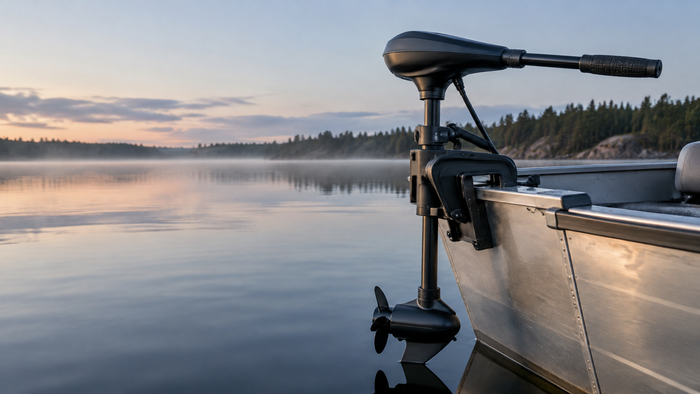 Black freshwater transom-mount trolling motor installed on the stern of an aluminum fishing boat on a calm lake