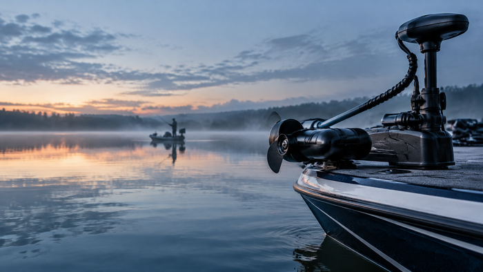 Minn Kota freshwater trolling motor mounted on the bow of a bass boat on a calm lake