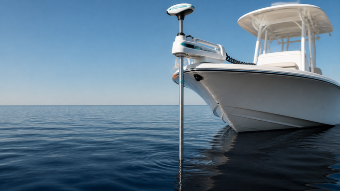Bow-mounted GPS trolling motor deployed from a center-console fishing boat, illustrating how to choose Rhodan trolling motor shaft length