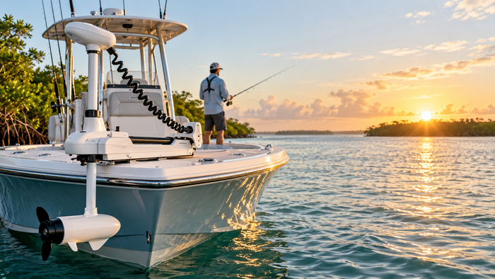 White saltwater bow-mount trolling motor on a center-console boat at sunrise for the Riptide PowerDrive buying guide