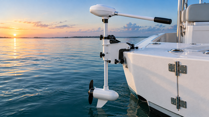 White hand-controlled saltwater trolling motor mounted on a fishing boat transom for the Riptide Transom buying guide