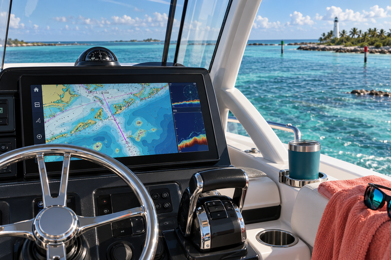 Humminbird coastal chart displayed on a modern boat helm overlooking Florida Keys waters