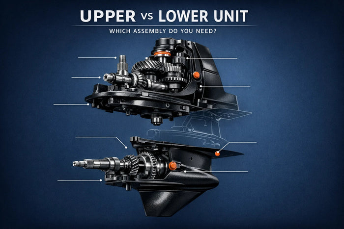 Alpha One Gen II upper unit and lower unit separated to compare sterndrive replacement assemblies