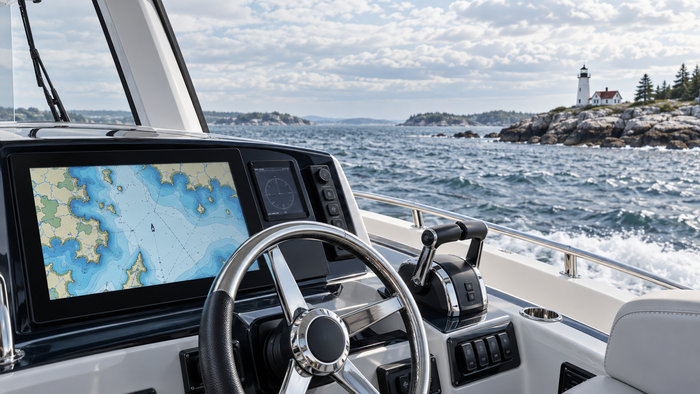 Modern boat helm with coastal chart display navigating rocky Northeast waters near a lighthouse
