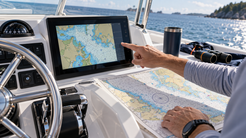 Boater comparing coastal chart coverage on a marine display and planning chart